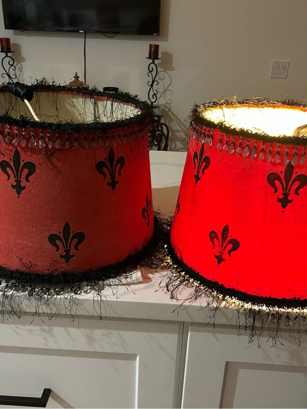 2 Red & Black Fleur-de-Lis Decorative Electrical Lamp Shades